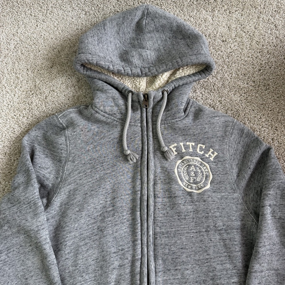 Y2K Abercrombie & Fitch Hoodie Mens M Gray Fleece Zip Sherpa Lined Sweatshirt